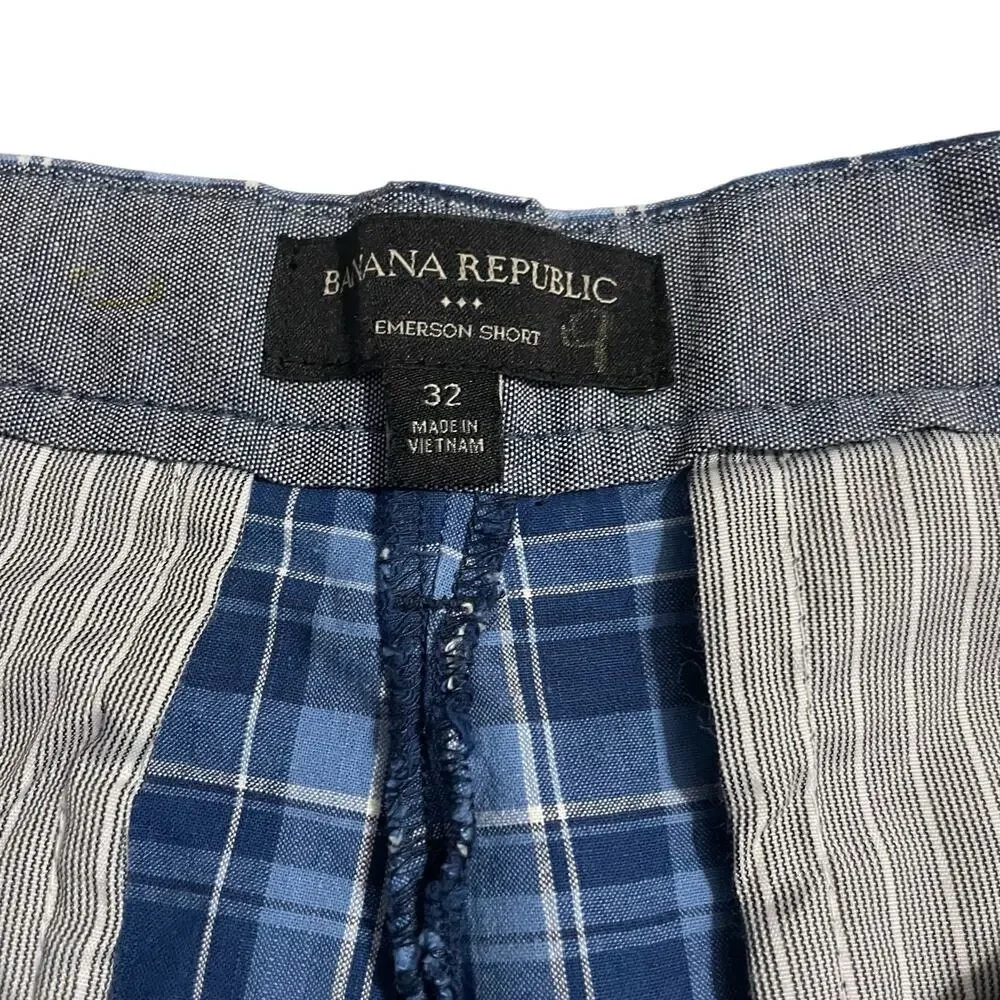 Banana Republic Mens Shorts Size 32 Blue Plaid Emerson Short Bermuda Zip Fly